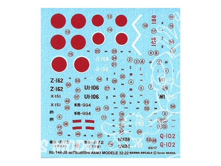 DECALQUES BERNA DECALS BD144-20 Mitsubishi zero A6M3 Hamp model 32-22 1/144