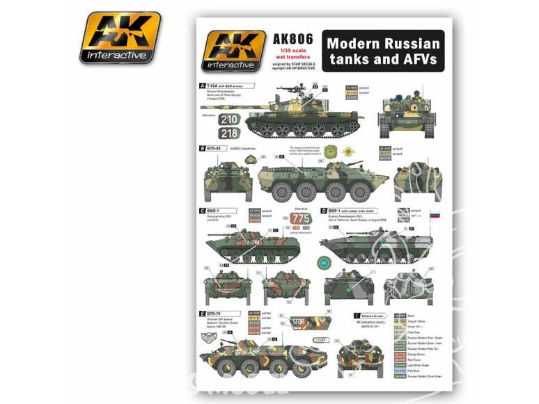 AK interactive ak806 PLANCHE DECALQUES pour CHARS ET ENGINS BLINDES RUSSES MODERNES 1/35