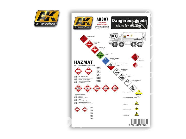 AK interactive ak807 PLANCHE DE DÉCALQUES SIGNES "TRANSPORT MATIÈRES DANGEREUSES" pour VÉHICULES 1/35