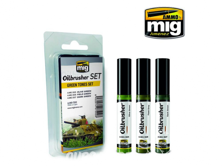 MIG Oilbrusher Set 7502 Set tons Vert Peinture a l'huile avec applicateur 