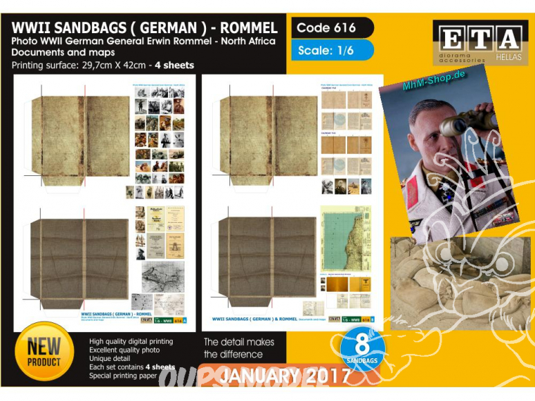 ETA diorama 616 Imprimé Sacs de sable Allemands et photos documents et cartes Afrique du Nord - Rommel WWII 1/6
