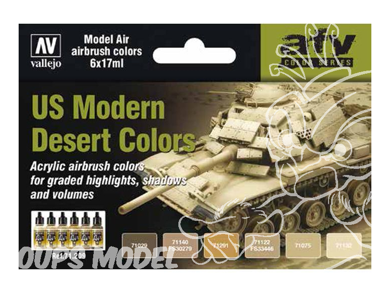 Vallejo Set Model Air 71209 Couleurs US Desert moderne 6 x 17ml