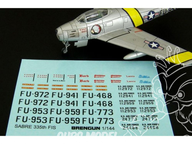 Brengun decalque avion BRS144084 F-86F SABRE 335th FIS decal pour kit trumpeter et Monochrome 1/144