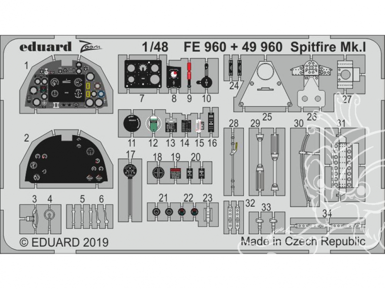 EDUARD photodecoupe avion FE960 Zoom Amélioration Spitfire Mk.I Tamiya 1/48