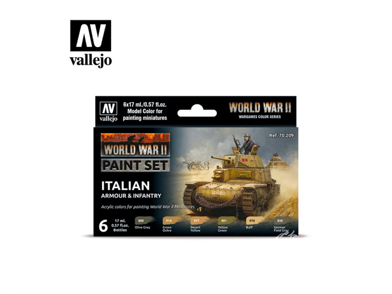 Vallejo Set Wargames Color Series 70209 WWII Armée et infanterie Italienne 6 pots de peintures 17ml