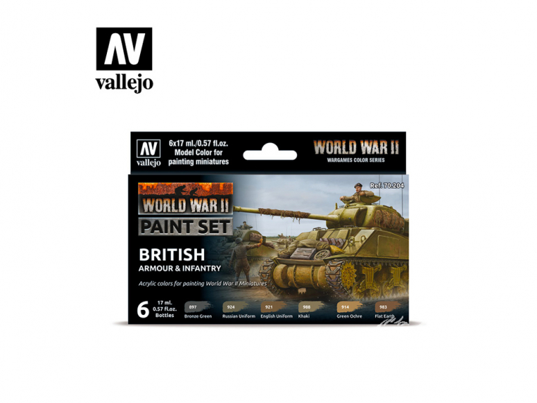 Vallejo Set Wargames Color Series 70204 WWII Blindés Britannique et Infanterie 6 pots de peintures 17ml