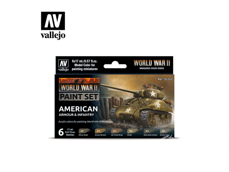 Vallejo Set Wargames Color Series 70203 WWII Blindés Americain et Infanterie 6 pots de peintures 17ml