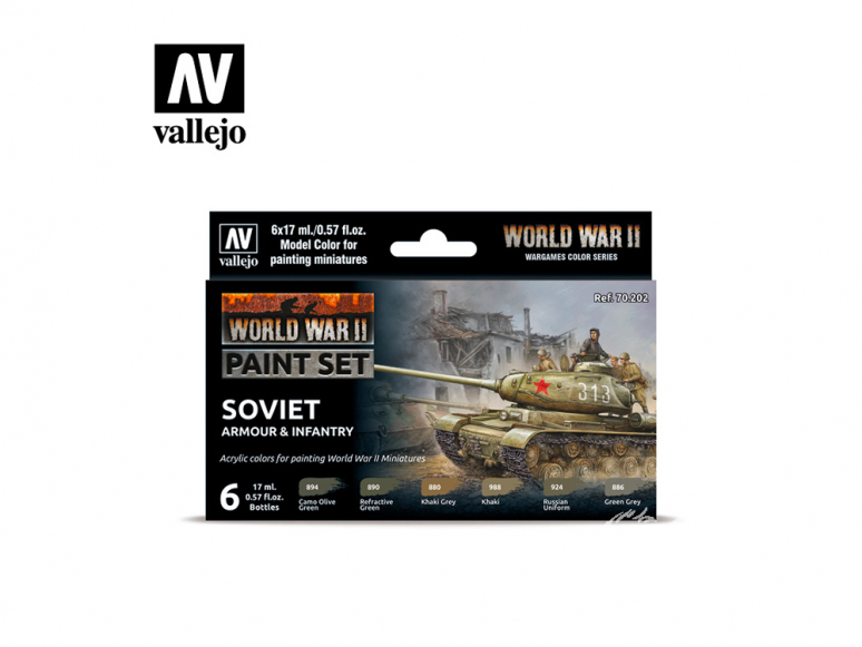 Vallejo Set Wargames Color Series 70202 WWII Blindés Soviétique et Infanterie 6 pots de peintures 17ml