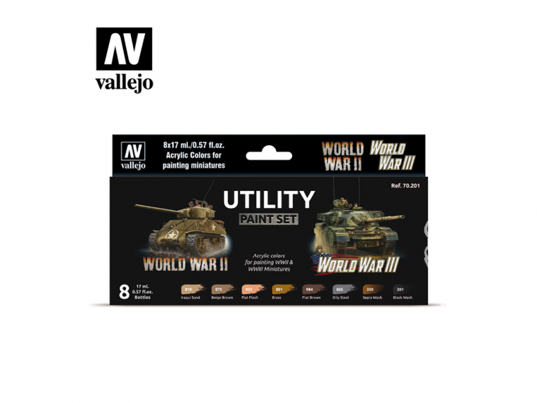 Vallejo Set Wargames Color Series 70201 Set de peinture utilitaire WWII & WWIII 8 pots de peintures 17ml