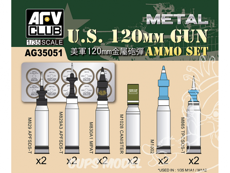 Afv Club maquette militaire ag35051 SET DE MUNITIONS US Army 120mm en Métal 1/35