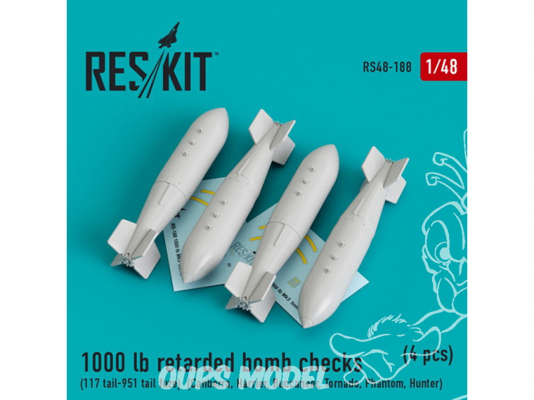 ResKit kit RS48-0188 1000 lb retarded bomb checks (117 tail-951 tail fuze) (4 pcs) (4 pcs) 1/48