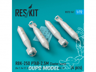 ResKit kit RS72-0141 RBK-250 PTAB-2,5M Cluster bomb (4 pcs) pour Su-7, Su-17, Su-22, Su-24, Su-25, Su-34, MiG-21, MiG-27 1/72