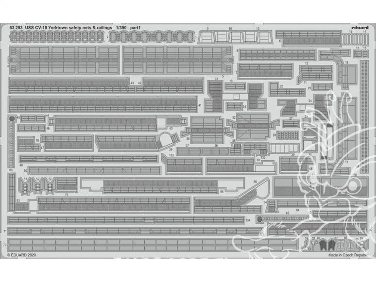 Eduard photodecoupe bateau 53253 USS CV-10 Yorktown Filets de sécurité et rambardes Trumpeter 1/350