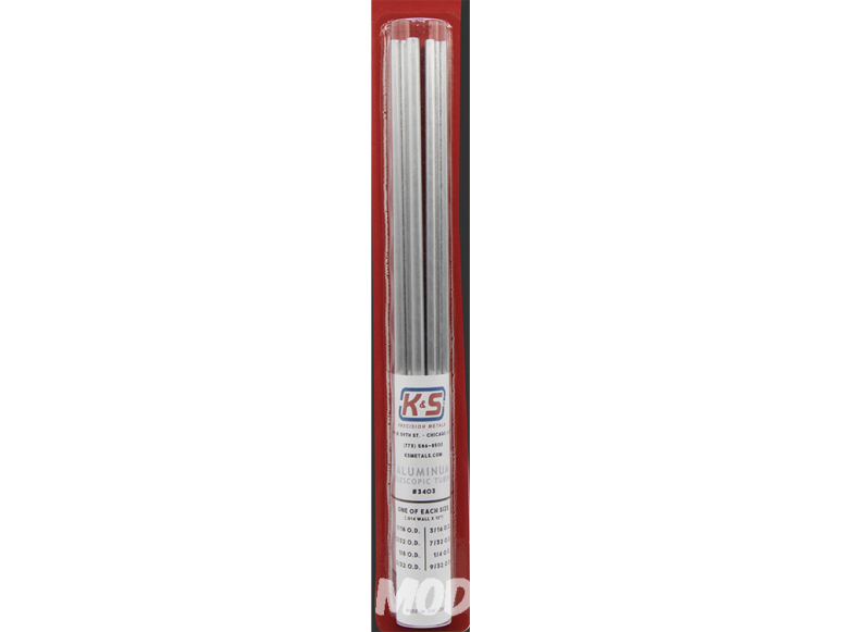 K&S 3403 Tube rond Auminium 1/16, 3/32, 1/8, 5/32, 3/16, 7/32, 1/4, 9/32 8piéces