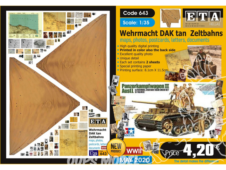 ETA diorama 643 Wehrmacht DAK toile de tente , cartes, photos, lettres et documents 1/35