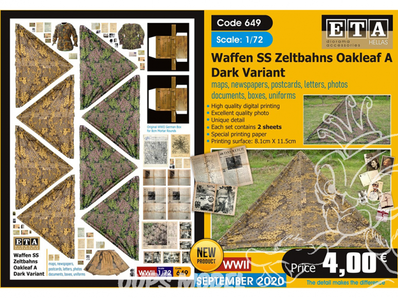 ETA diorama 649 Waffen SS toile de tente , cartes, photos, boites, uniformes, lettres et documents 1/72