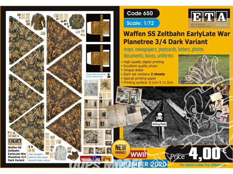 ETA diorama 650 Waffen SS toile de tente , cartes, photos, boites, uniformes, lettres et documents 1/72