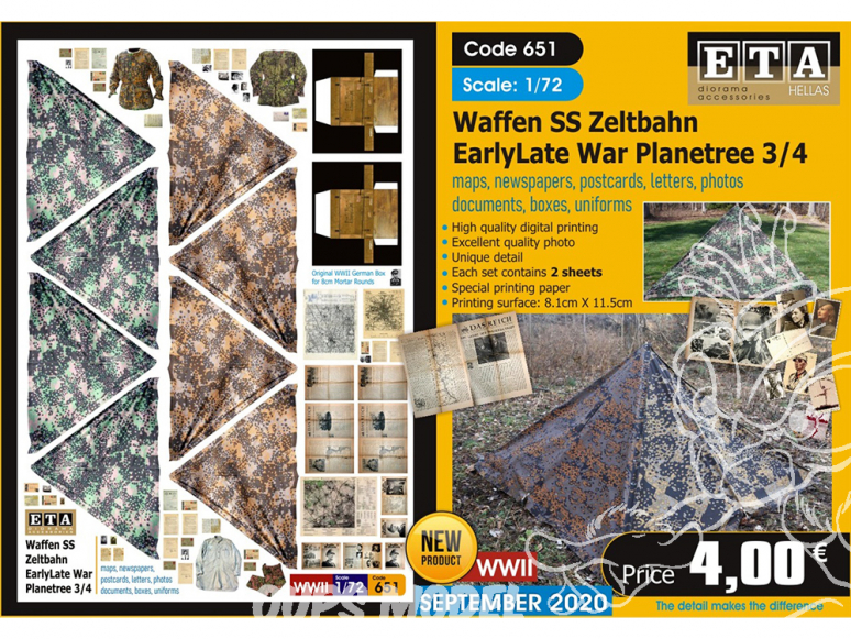 ETA diorama 651 Waffen SS toile de tente , cartes, photos, boites, uniformes, lettres et documents 1/72