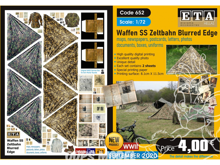 ETA diorama 652 Waffen SS toile de tente , cartes, photos, boites, uniformes, lettres et documents 1/72