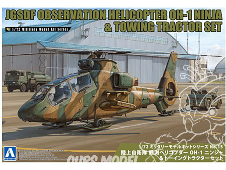 Aoshima maquette hélicoptère 014356 HÉLICOPTÈRE D'OBSERVATION JGSDF OH-1 NINJA AVEC VÉHICULE UTILITAIRE 1/72