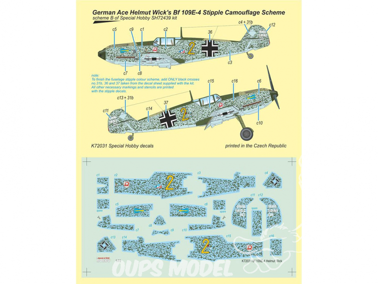 Special Hobby Masque avion K72031 Bf 109E-4 German Ace H. Wick Decal Motley Camo 1/72