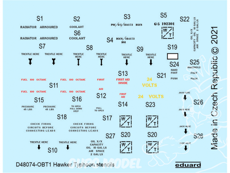 Eduard Decalques avion D48074 Marquages - Stencils Hawker Typhoon Hasegawa 1/48