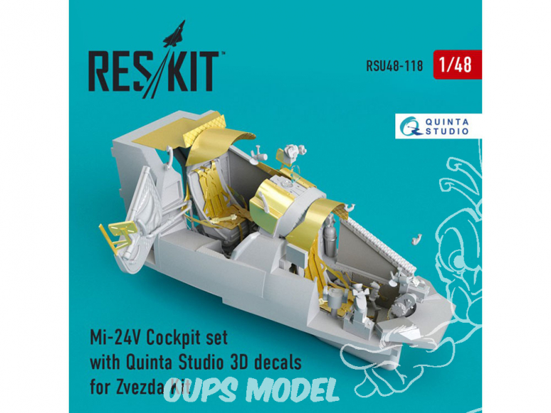 ResKit kit d'amelioration Helico RSU48-0118 Kit cockpit Mi-24 (V) avec décalcomanies Quinta Studio 3D pour kit Zvezda 1/48