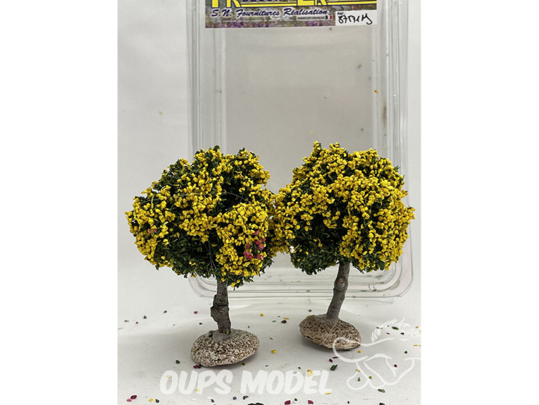 Fr Décor arbres 87591J Deux Arbres boule fleuri jaune tronc bois 70mm Made in France