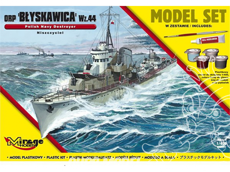 Mirage maquette bateau 840091 MODEL SET ORP BŁYSKAWICA wz. 44 Inclus peintures principale colle et pinceau 1/400