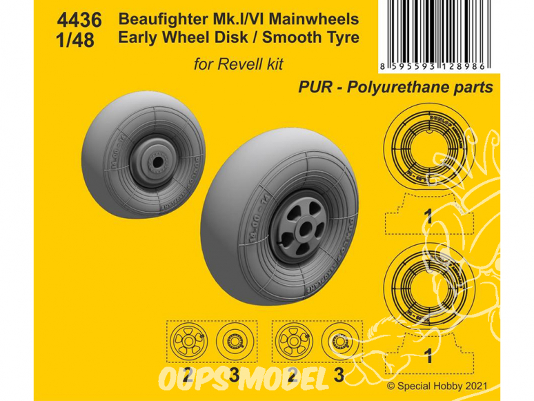 CMK kit resine 4436 Roues principales Beaufighter Mk.I/VI Moyeu de roue précoce Pneu lisse kit Revell 1/48