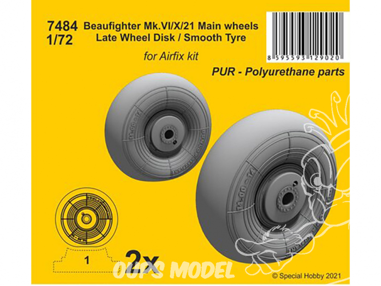 Cmk kit d'amelioration 7484 Roues principales Beaufighter Mk.VI/X/21 Disque de roue tardif Pneu lisse kit Airfix 1/72