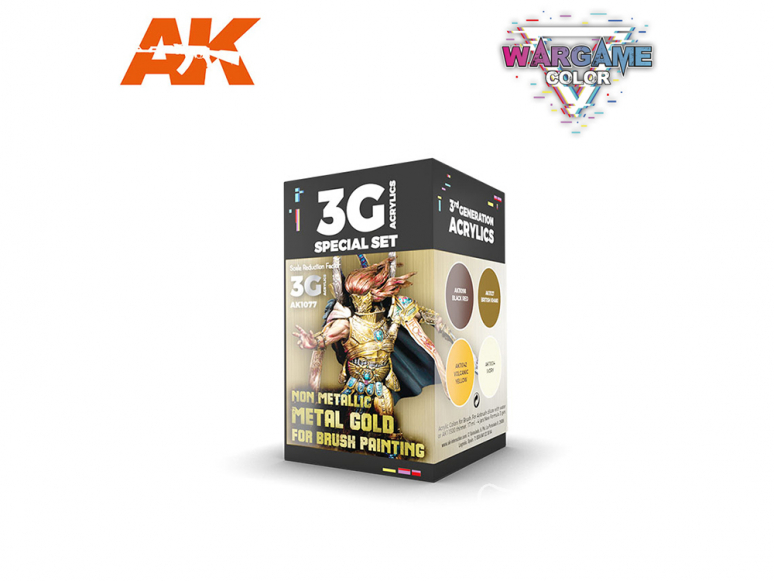 Ak interactive peinture acrylique 3G Set AK1077 WARGAME COLOR SET. NON METALLIC METAL GOLD (WITH BRUSH).