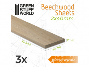 Green Stuff 503851 3 Feuilles de bois hêtre 2x40x250mm