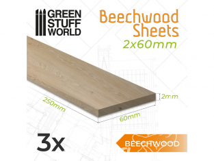 Green Stuff 503868 3 Feuilles de bois hêtre 2x60x250mm