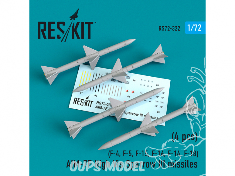 ResKit kit d'amelioration Avion RS72-0322 AIM-7F High Vis Sparrow III missiles 4pieces F-4, F-5, F-15, F-16, F-14, F-18 1/72