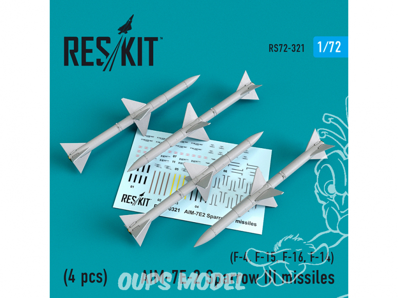 ResKit kit d'amelioration Avion RS72-0321 AIM-7E-2 Sparrow III missiles 4pieces F-4, F-15, F-16, F-14 1/72