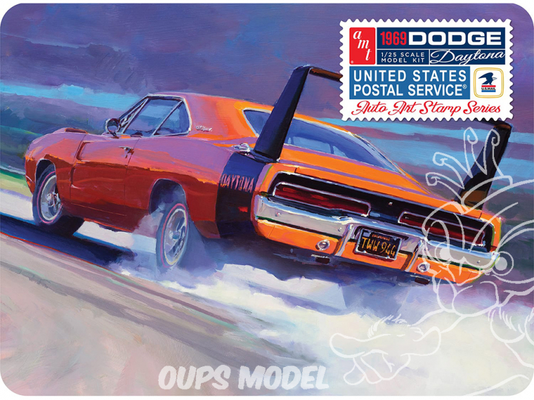 AMT maquette voiture 1232 1969 DODGE CHARGER DAYTONA USPS STAMP SERIES COLLECTOR TIN 1/25