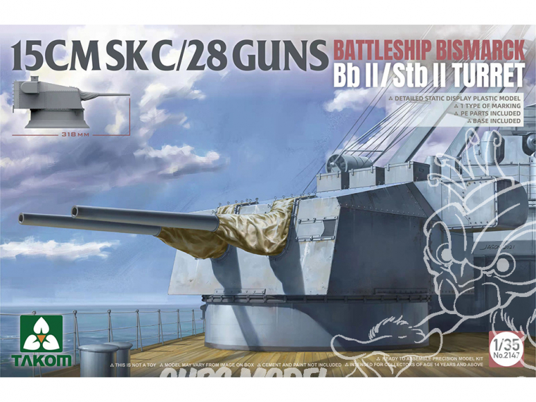 Takom maquette militaire 2147 Tourelle Bismarck 15CM SK C/28 Guns BB II / Stb II 1/35