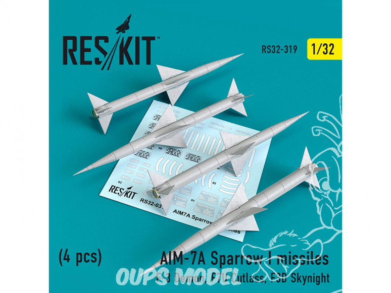 ResKit kit RS32-0319 AIM-7A Sparrow I missiles 4 piéces F-3 Demon, F7U Cutlass, F3D Skynight 1/32