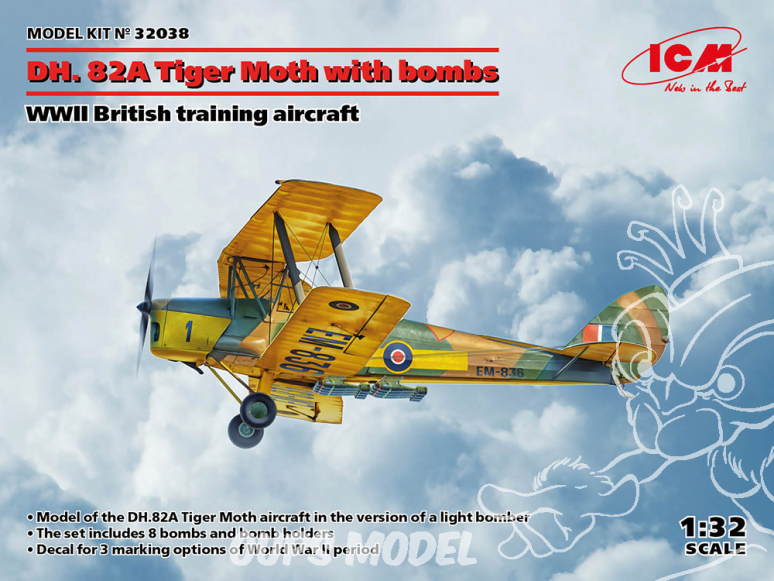 Icm maquette avion 32038 DH. 82A Tiger Moth avec des bombes 1/32