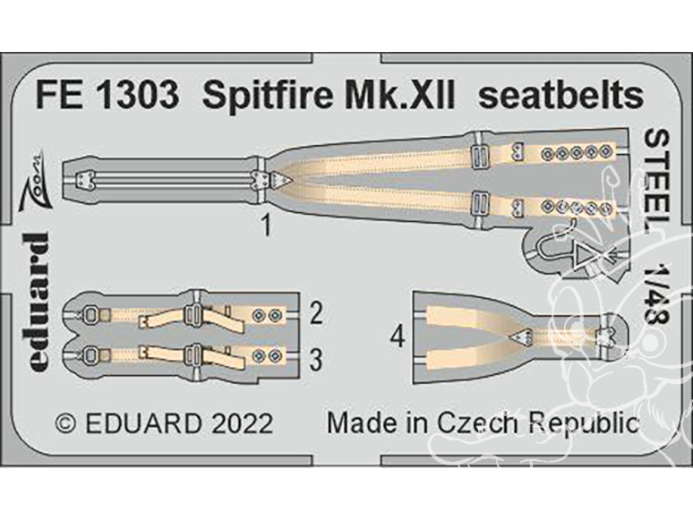 EDUARD photodecoupe avion FE1303 Harnais métal Spitfire Mk.XII Airfix 1/48