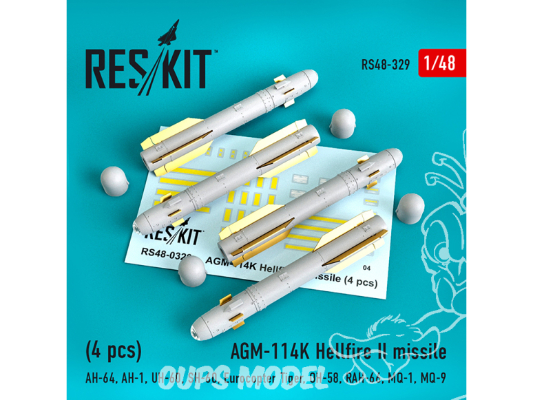 ResKit kit armement Avion RS48-0329 Missiles AGM-114K Hellfire II (4 pièces) 1/48