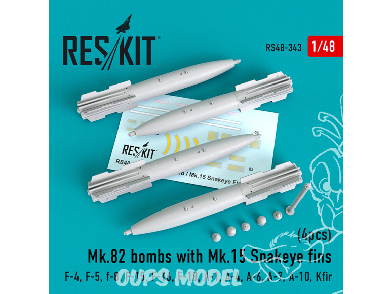 ResKit kit armement Avion RS48-0343 Bombes Mk.82 avec ailerons Mk.15 Snakeye 4 pieces 1/48