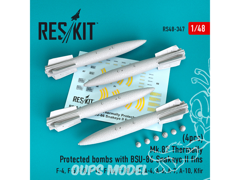 ResKit kit armement Avion RS48-0347 Bombes à protection thermique Mk.82 avec ailerons BSU-86 Snakeye II 4 pieces 1/48