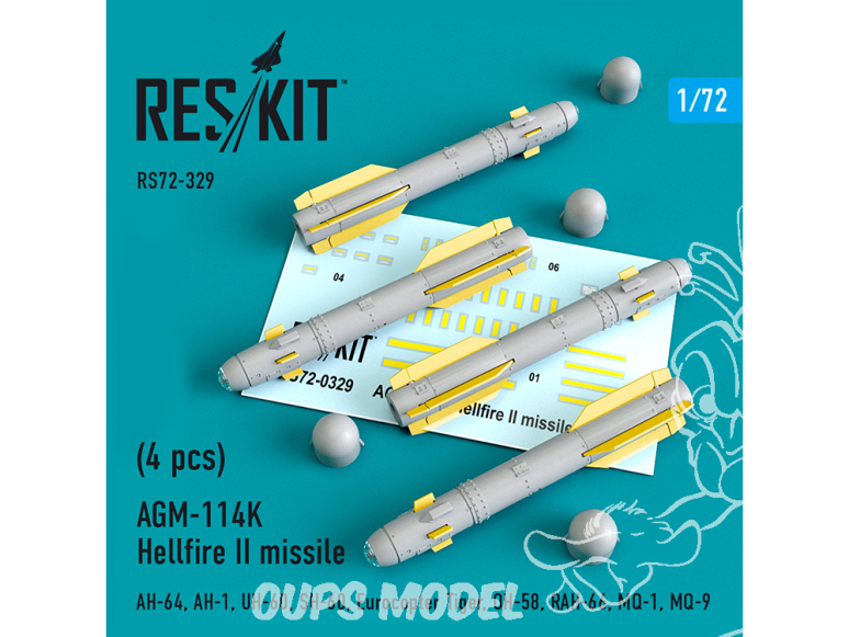 ResKit kit armement Hélico RS72-0329 AGM-114K Hellfire II missiles (4 pièces) 1/72