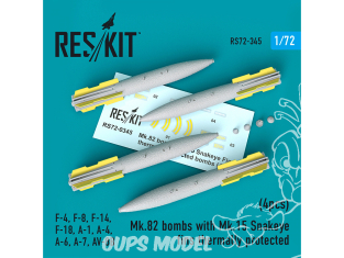ResKit kit armement Avion RS72-0345 Bombes Mk.82 avec ailettes Mk.15 Snakeye thermiquement protégées (4 pièces) 1/72