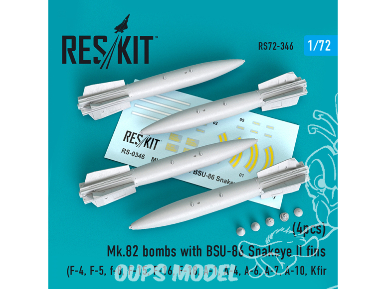 ResKit kit armement Avion RS72-0346 Bombes Mk.82 avec ailerons BSU-86 Snakeye II (4 pièces) 1/72