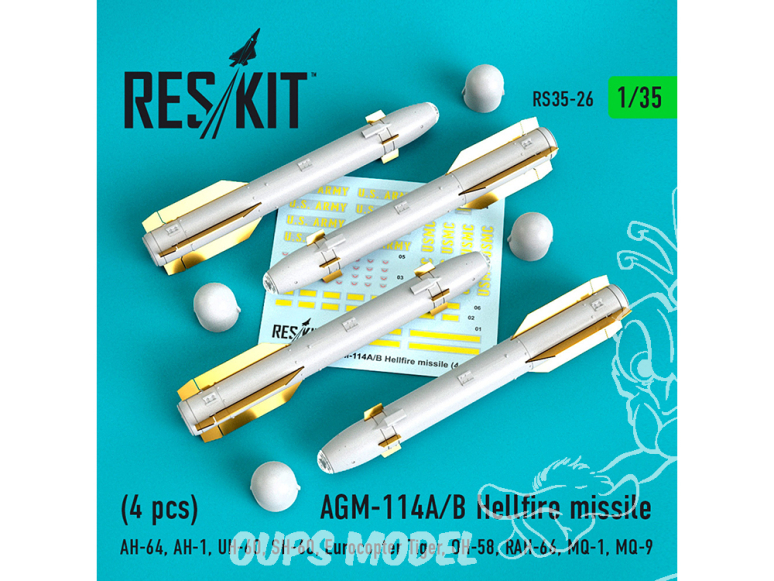 ResKit Kit RS35-0026 AGM-114A/B Missiles Longbow Hellfire (4 pièces) 1/35