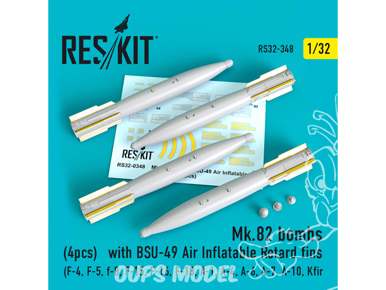 ResKit kit RS32-0348 Bombes Mk.82 avec ailettes BSU-49 Air Inflatable Retard (4 pièces) 1/32