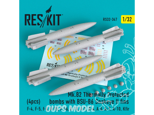ResKit kit RS32-0347 Bombes à protection thermique Mk.82 avec ailerons BSU-86 Snakeye II (4 pièces) 1/32